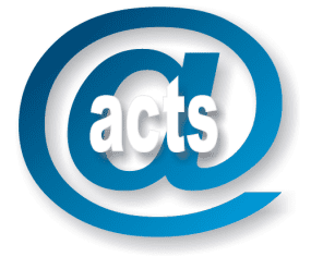 A blue and white logo with the word acts